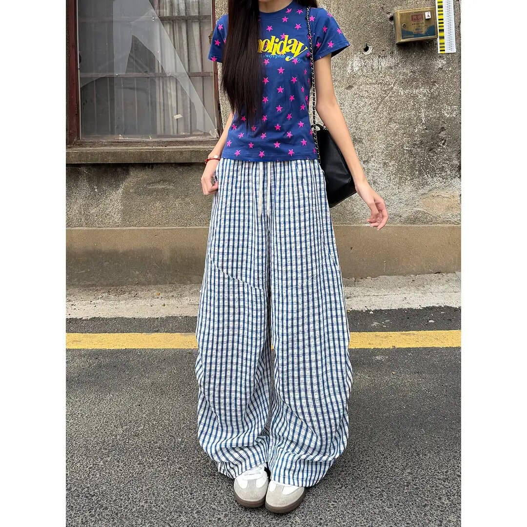 여름 느긋한 바람 체크무늬 Seersucker 모통이 칼 넓은 다리 낙하산 병 바지 남녀 캐주얼 바지 긴 바지 도루 센스 슬림해 보이는 상세 이미지 10