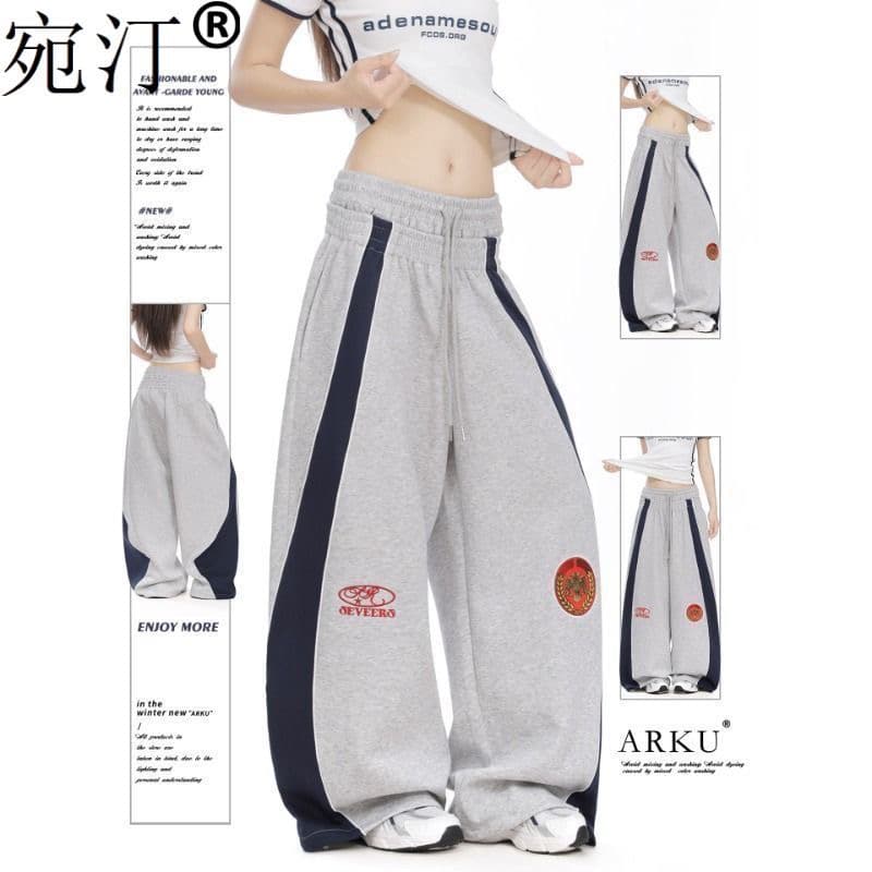 작은 대중 웃음 하 레트로 더블 허리 머리 스트라이프 디자인 검정색 자수 패치워크 색상 넓은 다리 캐주얼 운동 웨이 바지 여성 이미지 2
