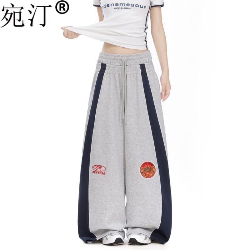 작은 대중 웃음 하 레트로 더블 허리 머리 스트라이프 디자인 검정색 자수 패치워크 색상 넓은 다리 캐주얼 운동 웨이 바지 여성 상세 이미지 3