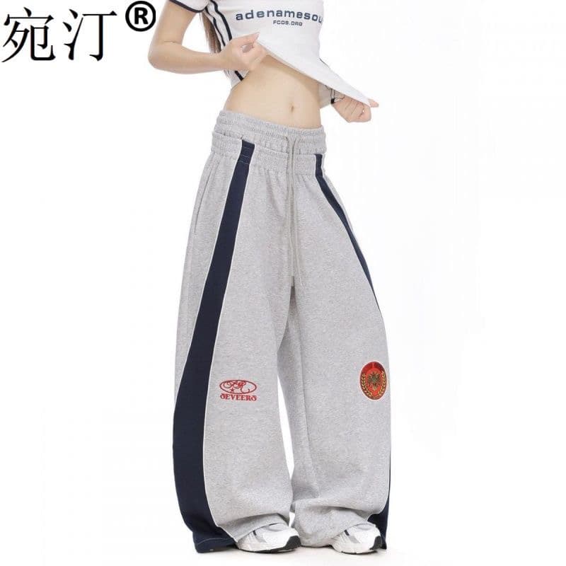 작은 대중 웃음 하 레트로 더블 허리 머리 스트라이프 디자인 검정색 자수 패치워크 색상 넓은 다리 캐주얼 운동 웨이 바지 여성 상세 이미지 4
