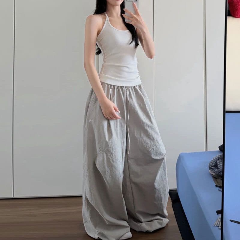 차가운 센스 속도 건조한 ins 여름 레트로 아메리칸 느긋한 바람 패치워크 펌프 Pleat 넓은 다리 루즈핏 얇은 스타일 캐주얼 바지
