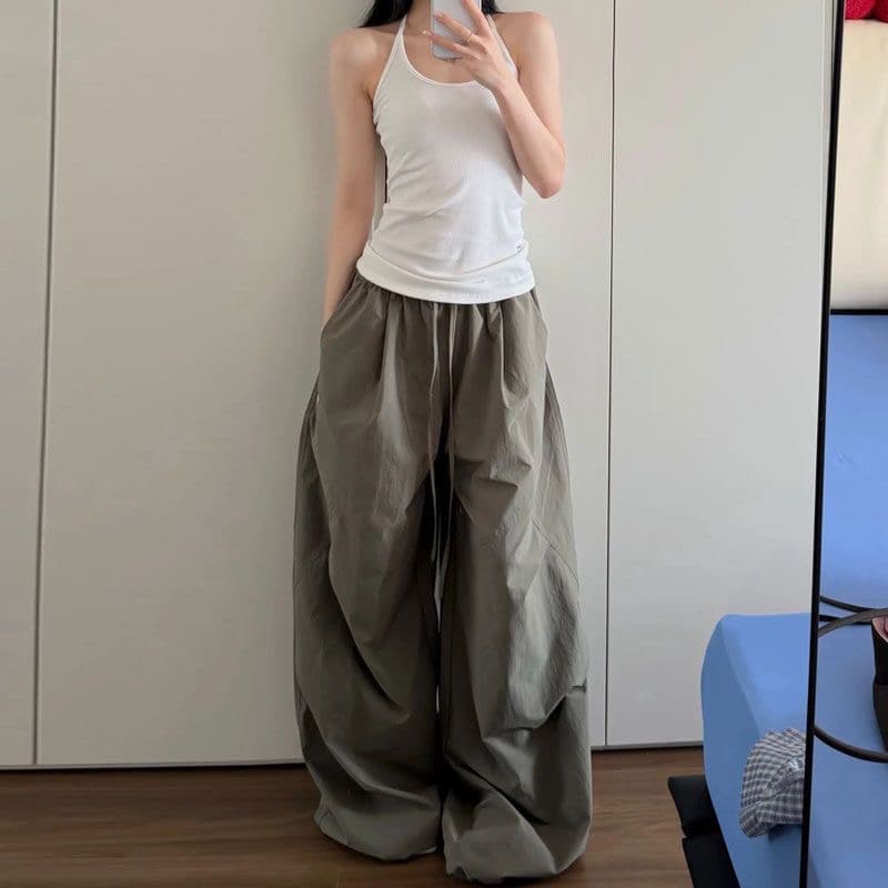 차가운 센스 속도 건조한 ins 여름 레트로 아메리칸 느긋한 바람 패치워크 펌프 Pleat 넓은 다리 루즈핏 얇은 스타일 캐주얼 바지 이미지 3