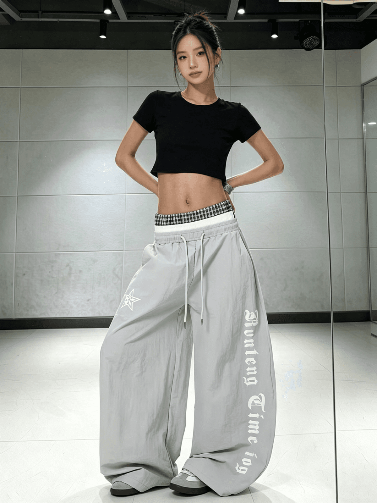 아메리칸 워크웨어 팬츠 여성 하이웨이스트 루즈핏 주름 펌프 로프 넓은 다리 운동 바지 여름 상세 이미지 4