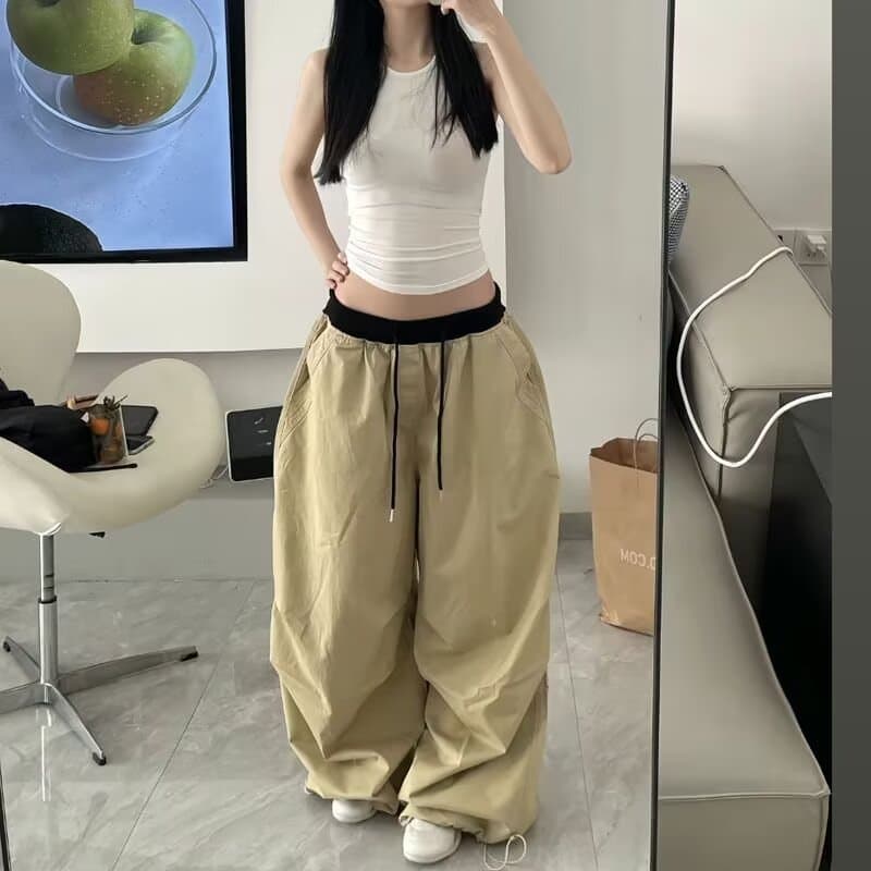 아메리칸 카키 색 넓은 다리 워크웨어 팬츠 여성 봄 루즈핏 jazz 재즈 댄스 바지 배색 패치워크 바닥 청소 긴 바지 상세 이미지 4