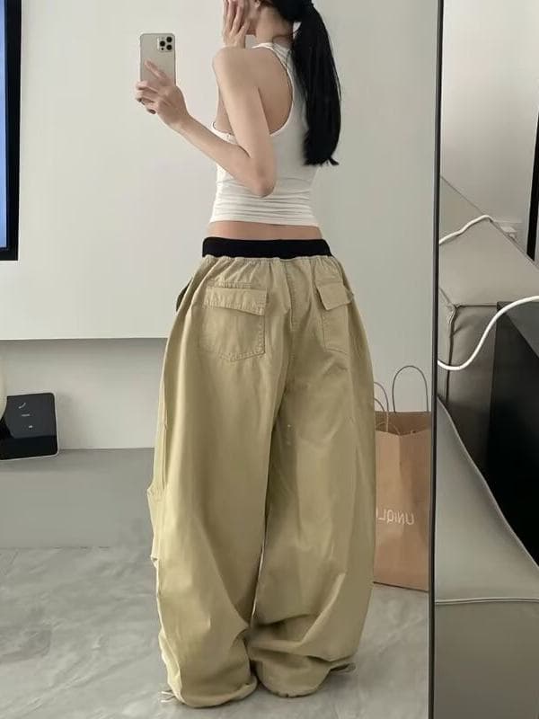 아메리칸 카키 색 넓은 다리 워크웨어 팬츠 여성 봄 루즈핏 jazz 재즈 댄스 바지 배색 패치워크 바닥 청소 긴 바지 상세 이미지 10