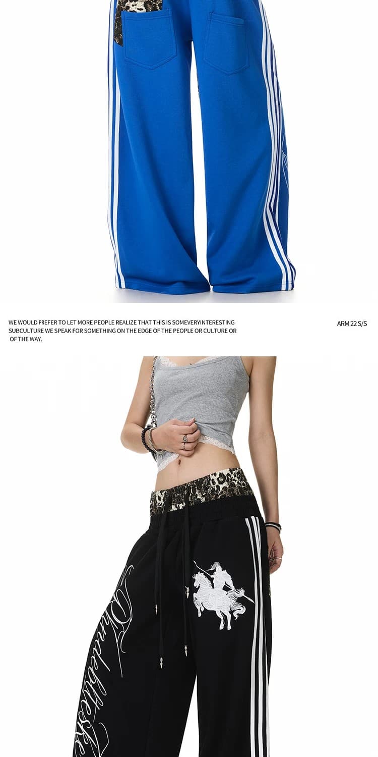 거리 레오파드 무늬 패치워크 더블 허리 머리 웃음 하 알파벳 자수 스트레이트 웨이 바지 남녀 루즈핏 스트라이프 캐주얼 운동 바지 상세 이미지 10