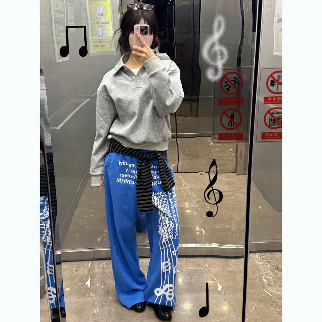 높음 거리 음악 참고 프린트 웨이 바지 남녀 조수 브랜드 웃음 하 루즈핏 넓은 다리 스트레이트 캐주얼 운동 긴 바지 이미지 3