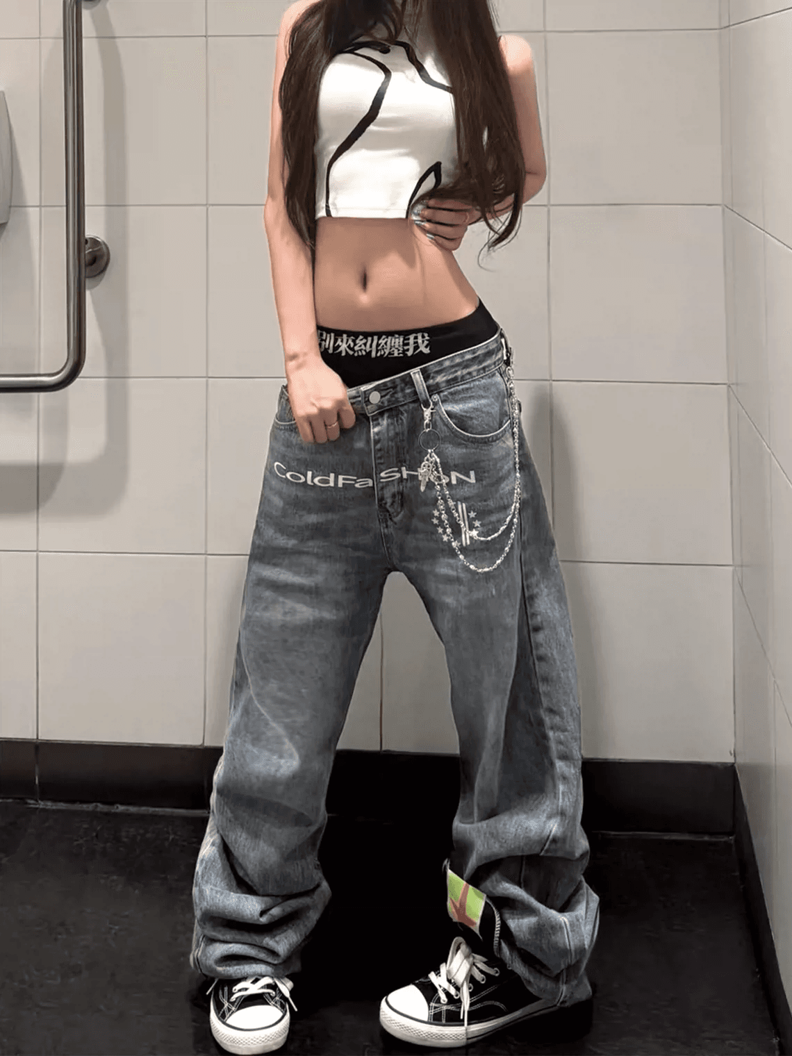 아메리칸 레트로 워싱 마 오래된 알파벳 프린트 부츠컷 청바지 여성 거리 루즈핏 슬림해 보이는 가을 센스 넓은 다리 길이 바지 상세 이미지 3