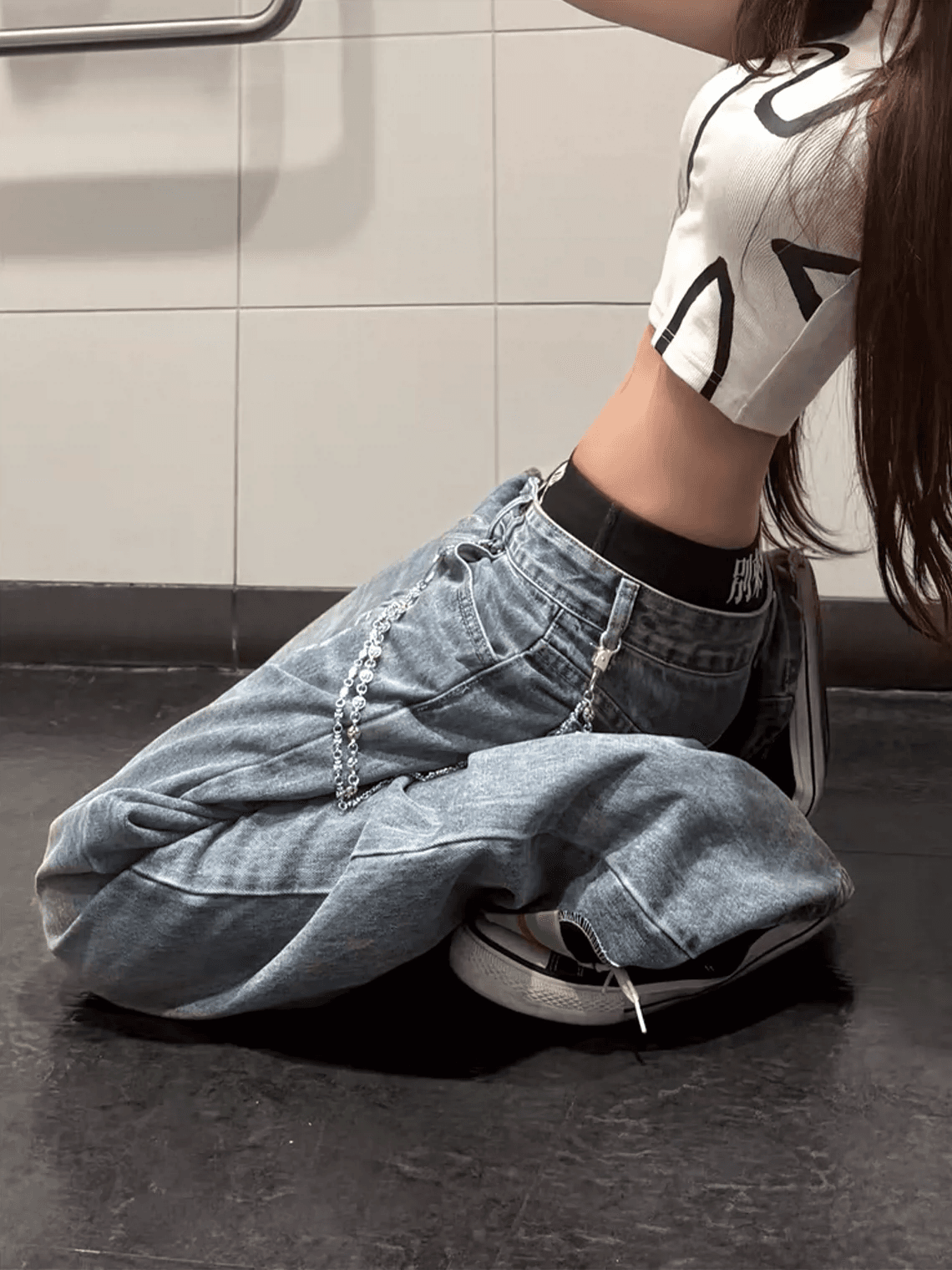아메리칸 레트로 워싱 마 오래된 알파벳 프린트 부츠컷 청바지 여성 거리 루즈핏 슬림해 보이는 가을 센스 넓은 다리 길이 바지 상세 이미지 5