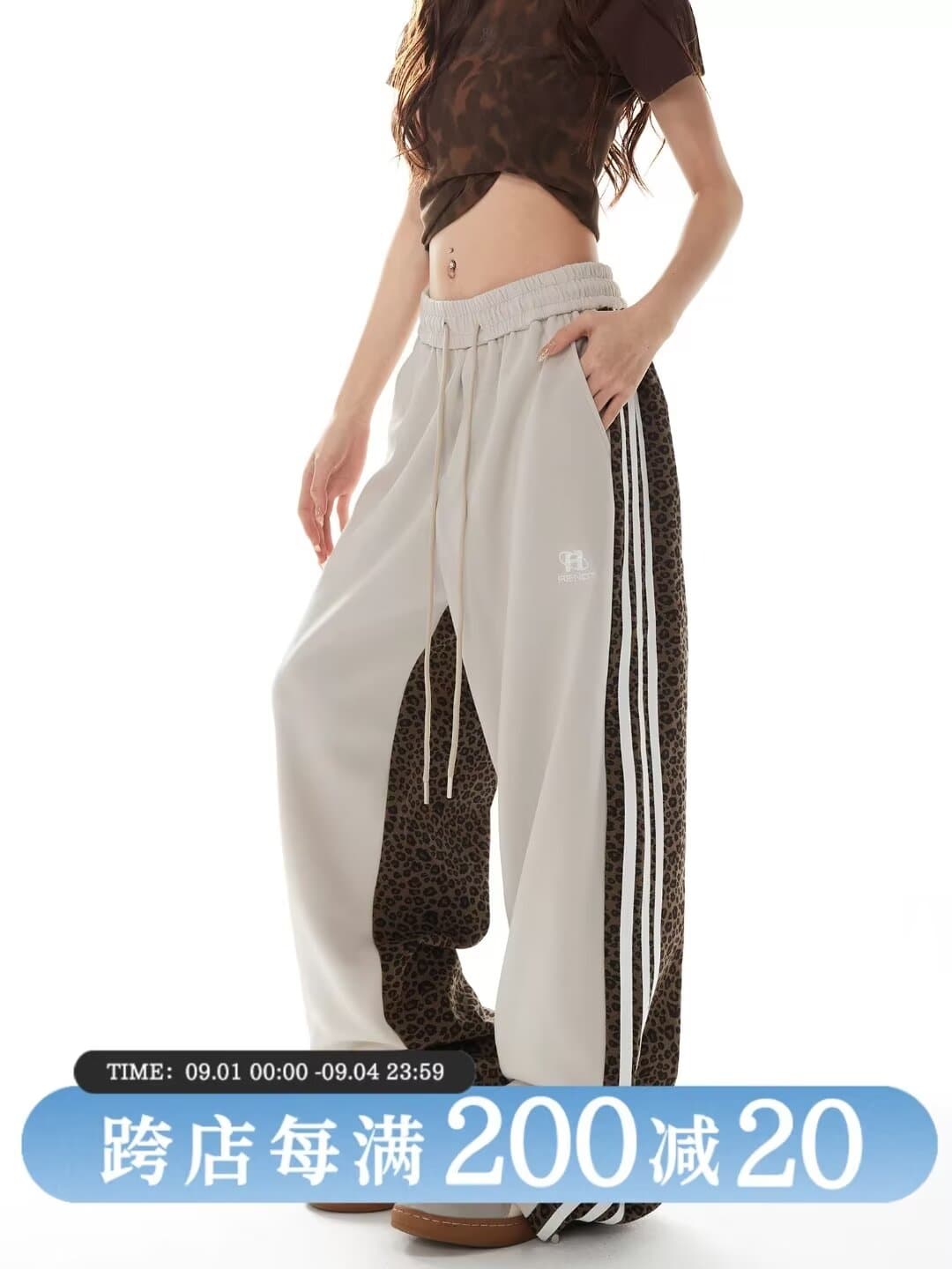 2026 새로운 레오파드 무늬 운동 캐주얼 바지 측면 기사 워시 물 마 오래된 넓은 다리 길이 바지 작은 대중 악당 잘 생긴 운동 긴 바지 상세 이미지 5