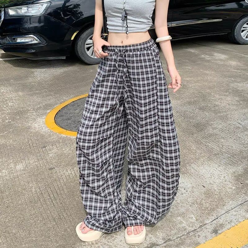 커플 체크무늬 느긋한 캐주얼 바지 남녀 여름 루즈핏 와이드 레그 팬츠 일본식 다용도 스트레이트 긴 바지 이미지 3