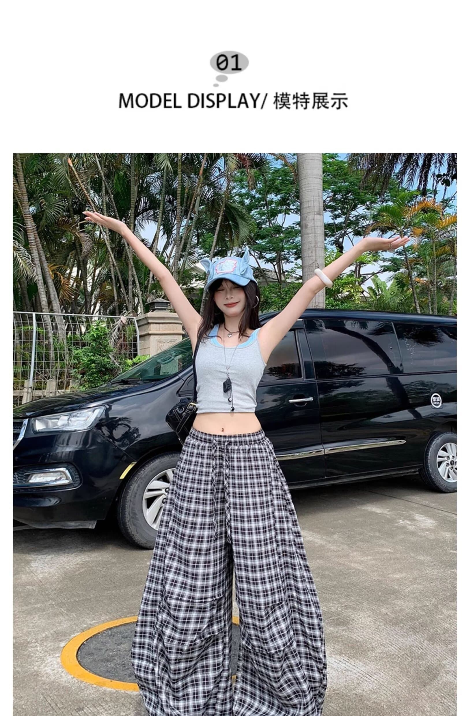 커플 체크무늬 느긋한 캐주얼 바지 남녀 여름 루즈핏 와이드 레그 팬츠 일본식 다용도 스트레이트 긴 바지 상세 이미지 4