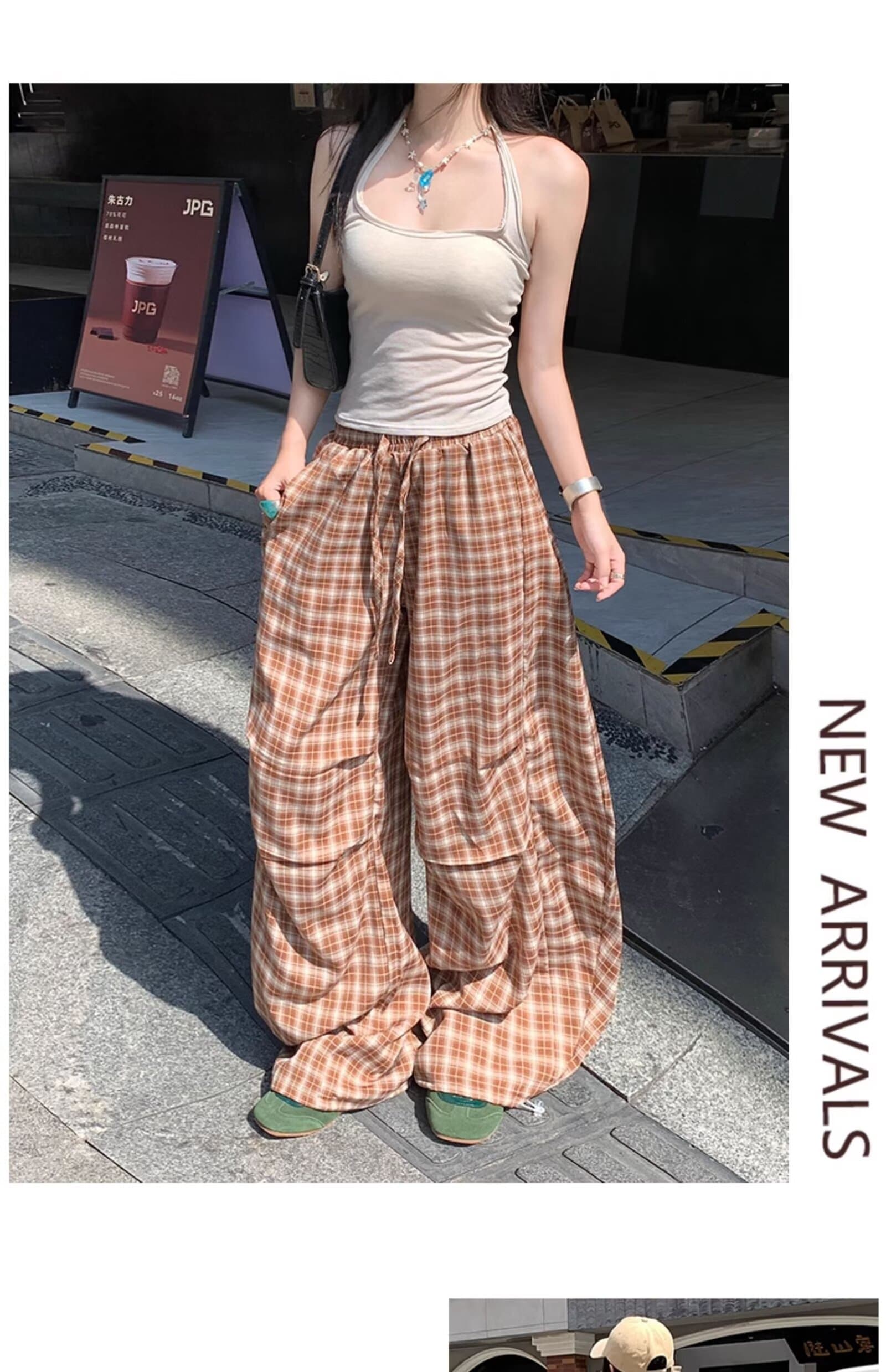 커플 체크무늬 느긋한 캐주얼 바지 남녀 여름 루즈핏 와이드 레그 팬츠 일본식 다용도 스트레이트 긴 바지 상세 이미지 16