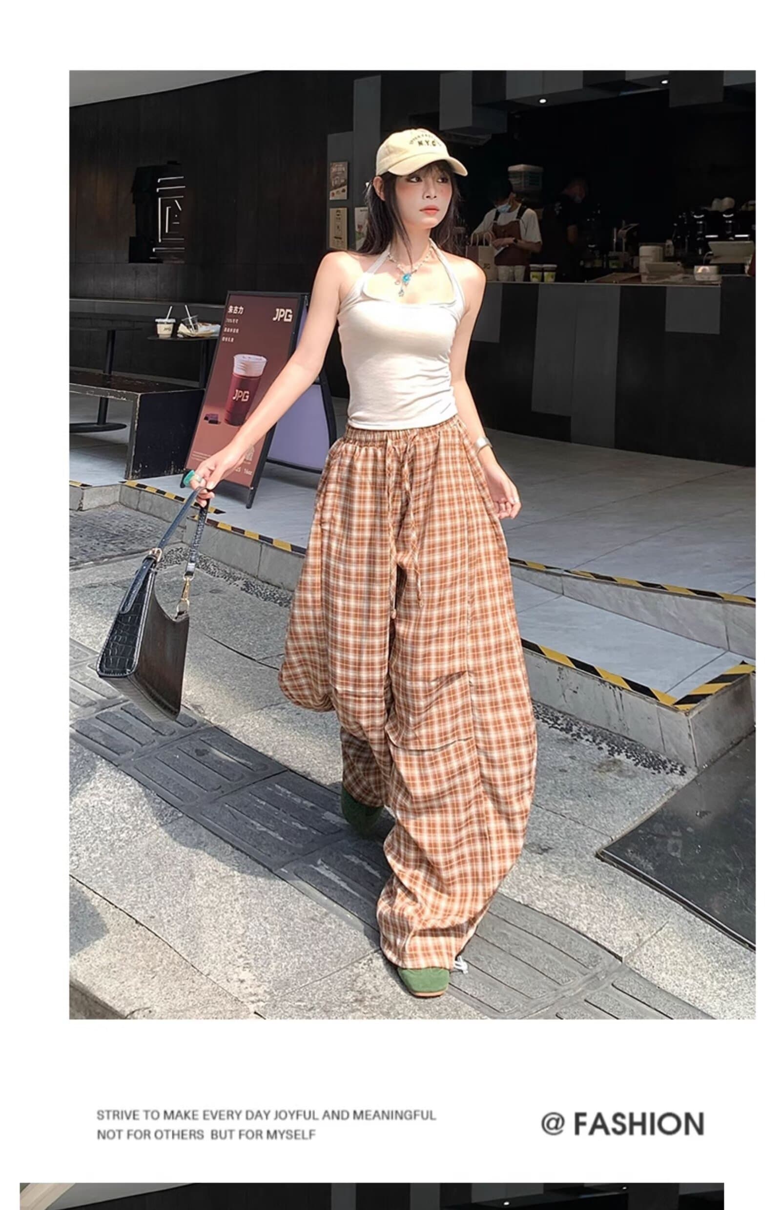커플 체크무늬 느긋한 캐주얼 바지 남녀 여름 루즈핏 와이드 레그 팬츠 일본식 다용도 스트레이트 긴 바지 상세 이미지 18