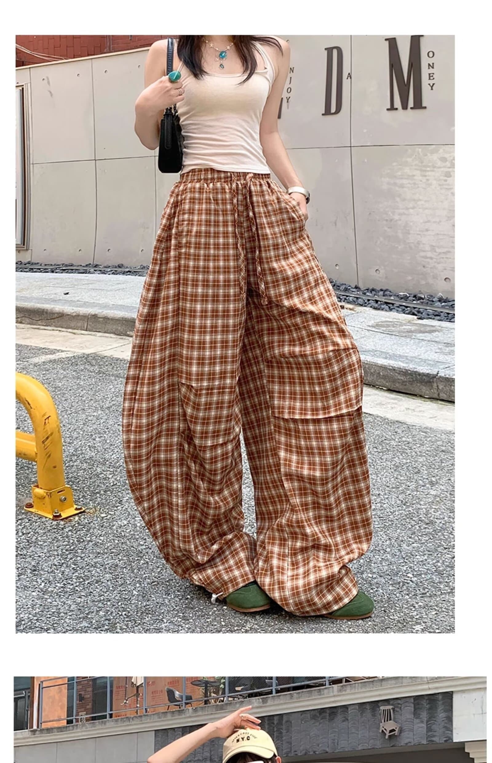 커플 체크무늬 느긋한 캐주얼 바지 남녀 여름 루즈핏 와이드 레그 팬츠 일본식 다용도 스트레이트 긴 바지 상세 이미지 20