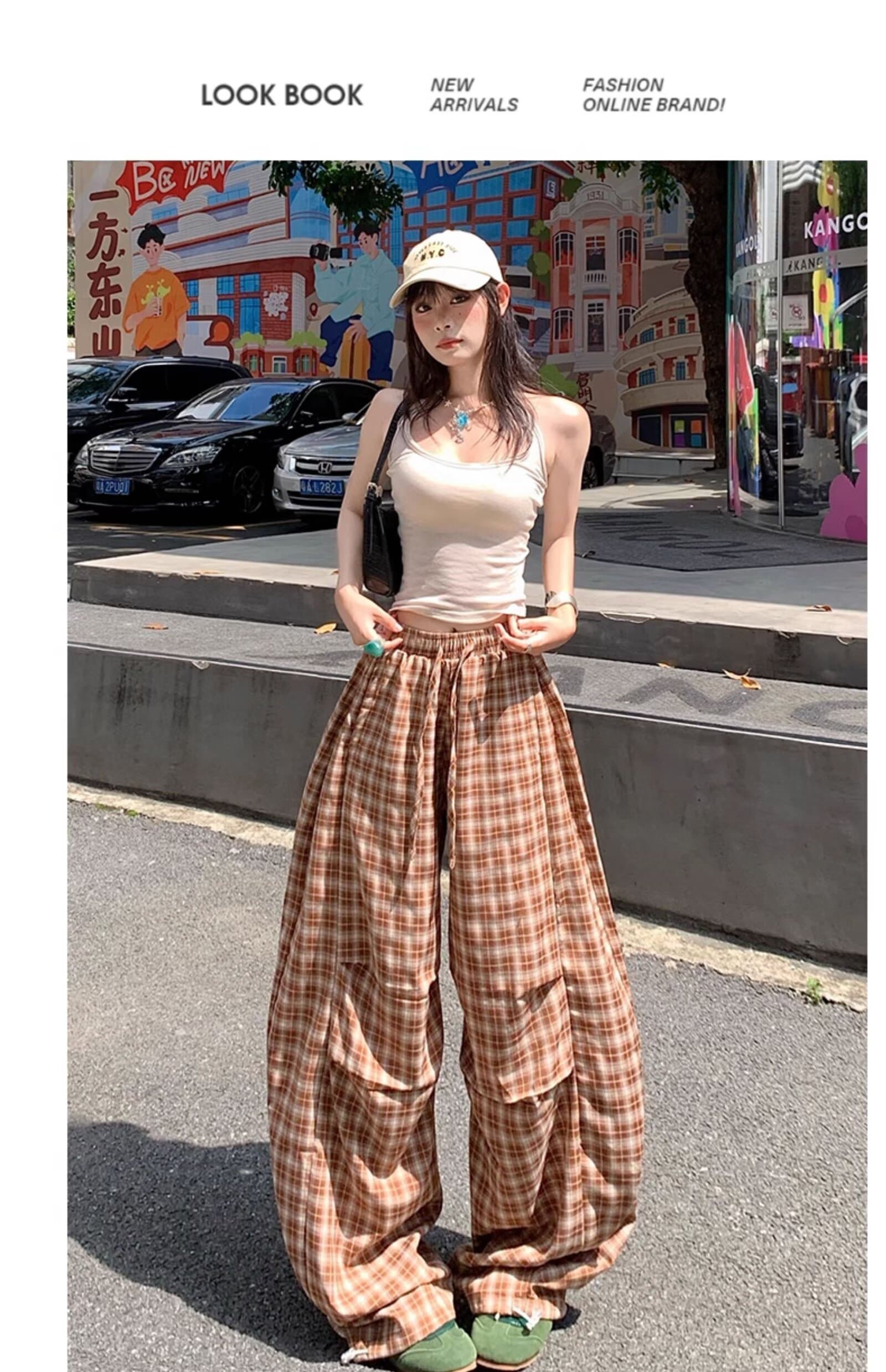 커플 체크무늬 느긋한 캐주얼 바지 남녀 여름 루즈핏 와이드 레그 팬츠 일본식 다용도 스트레이트 긴 바지 상세 이미지 22