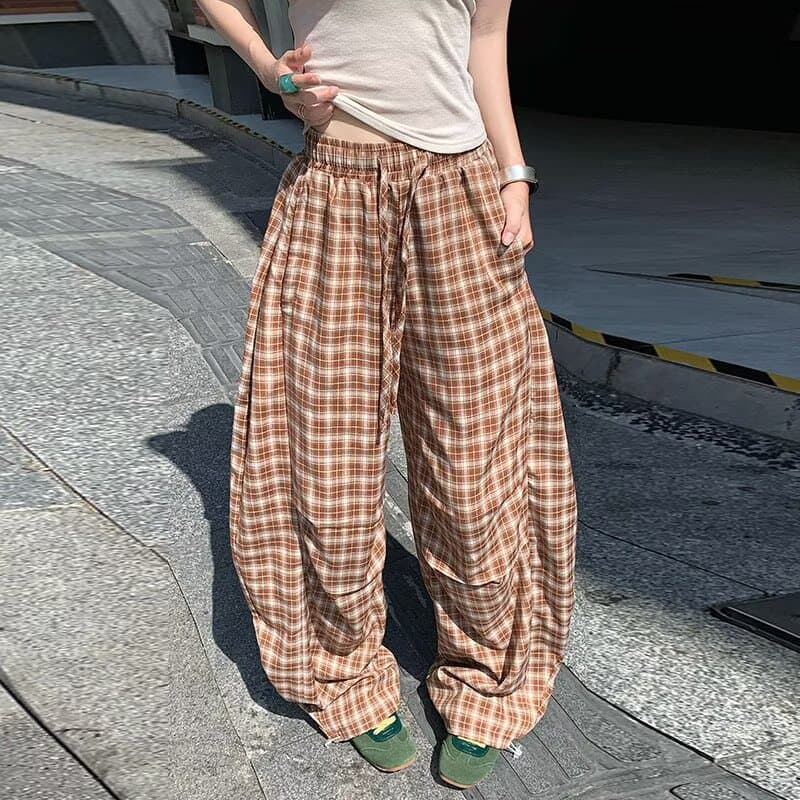 커플 체크무늬 느긋한 캐주얼 바지 남녀 여름 루즈핏 와이드 레그 팬츠 일본식 다용도 스트레이트 긴 바지 상세 이미지 24