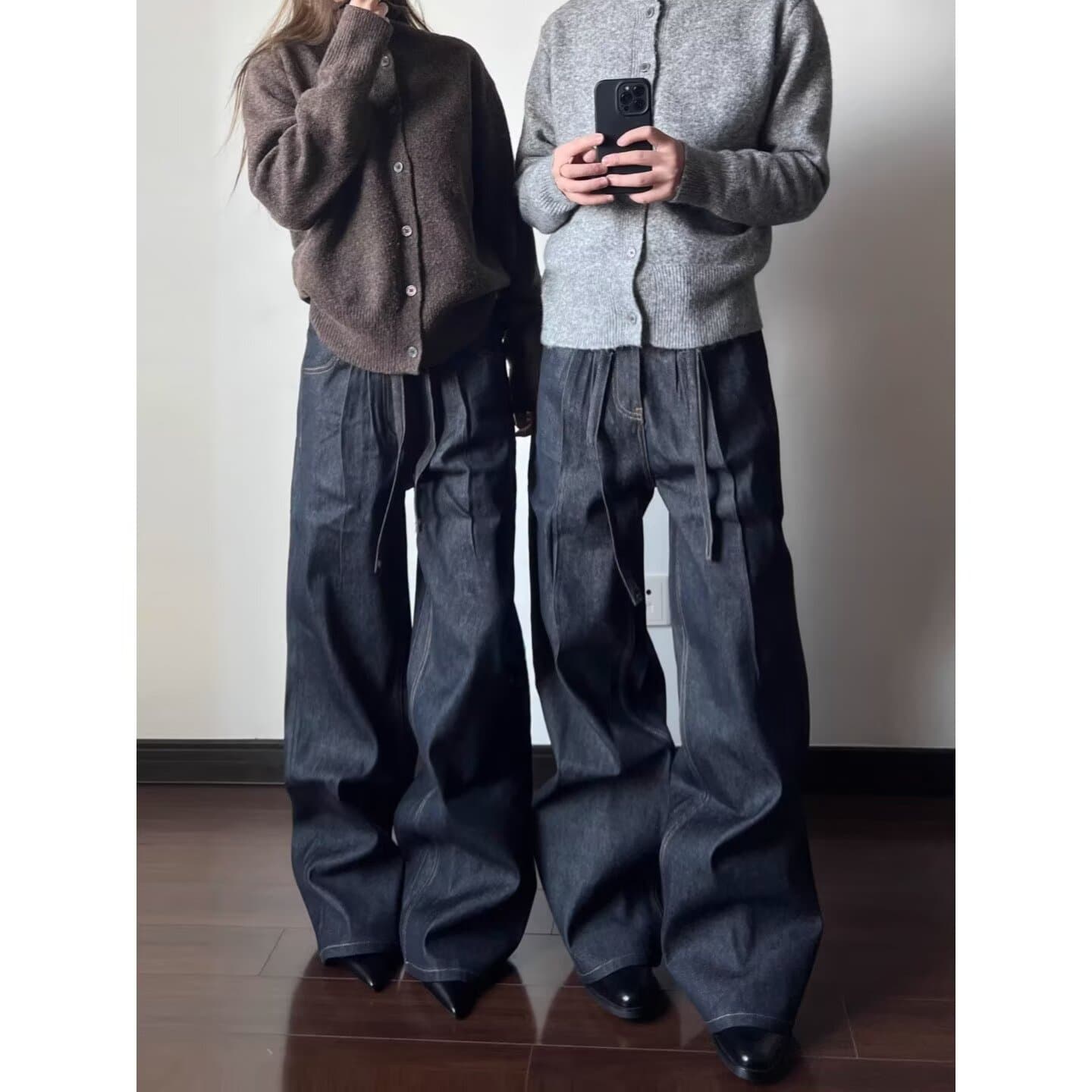 아메리칸 레트로 루즈핏 워싱 더블 Pleat 스트랩 디자인 청바지 고급 센스 스트레이트 다용도 캐주얼 바지 ins 상세 이미지 1