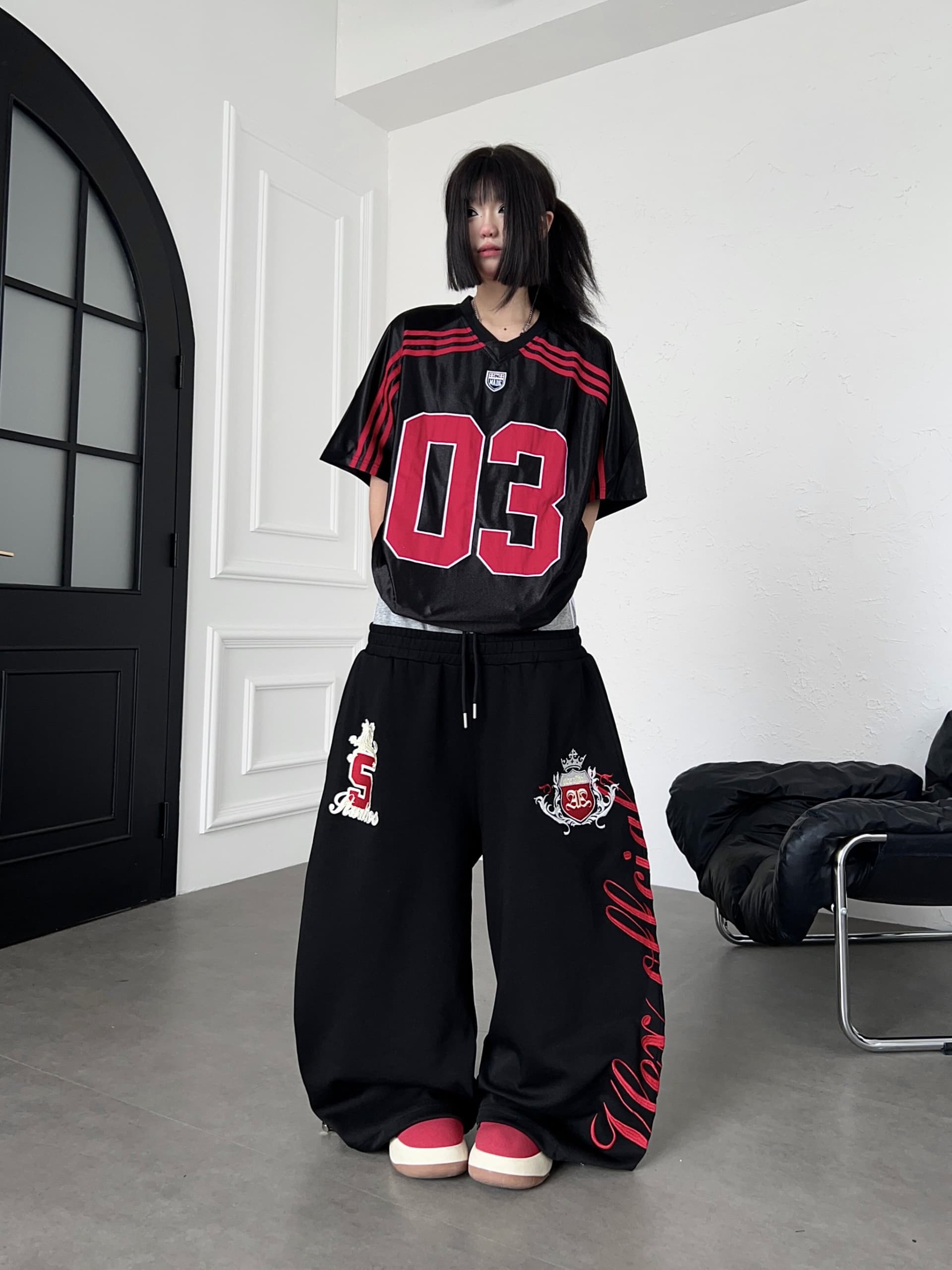 아메리칸 거리 배색 더블 머리 허리 자수 휘장 웨이 바지 루즈핏 넓은 다리 캐주얼 긴 바지 상세 이미지 16