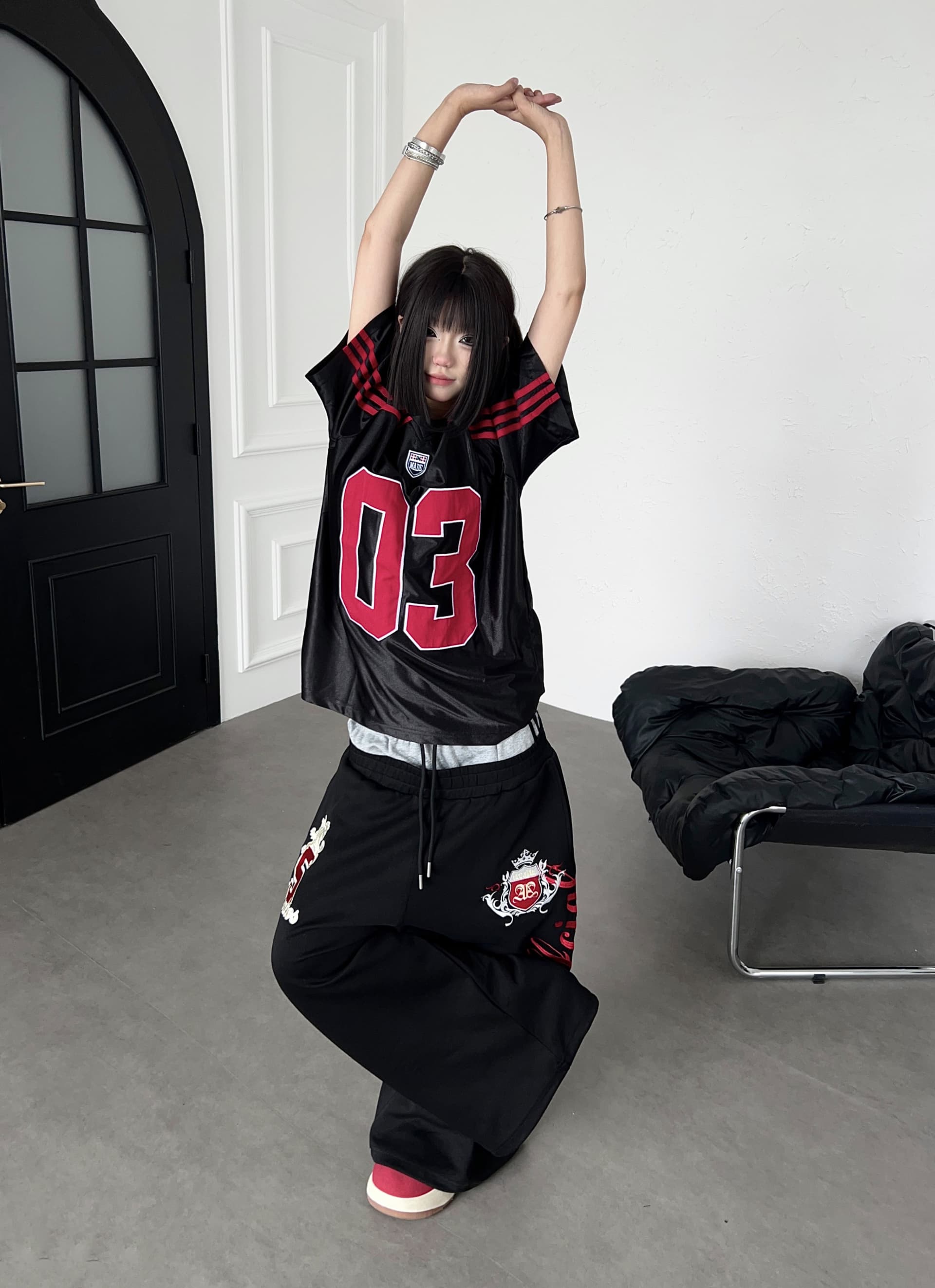 아메리칸 거리 배색 더블 머리 허리 자수 휘장 웨이 바지 루즈핏 넓은 다리 캐주얼 긴 바지 상세 이미지 21