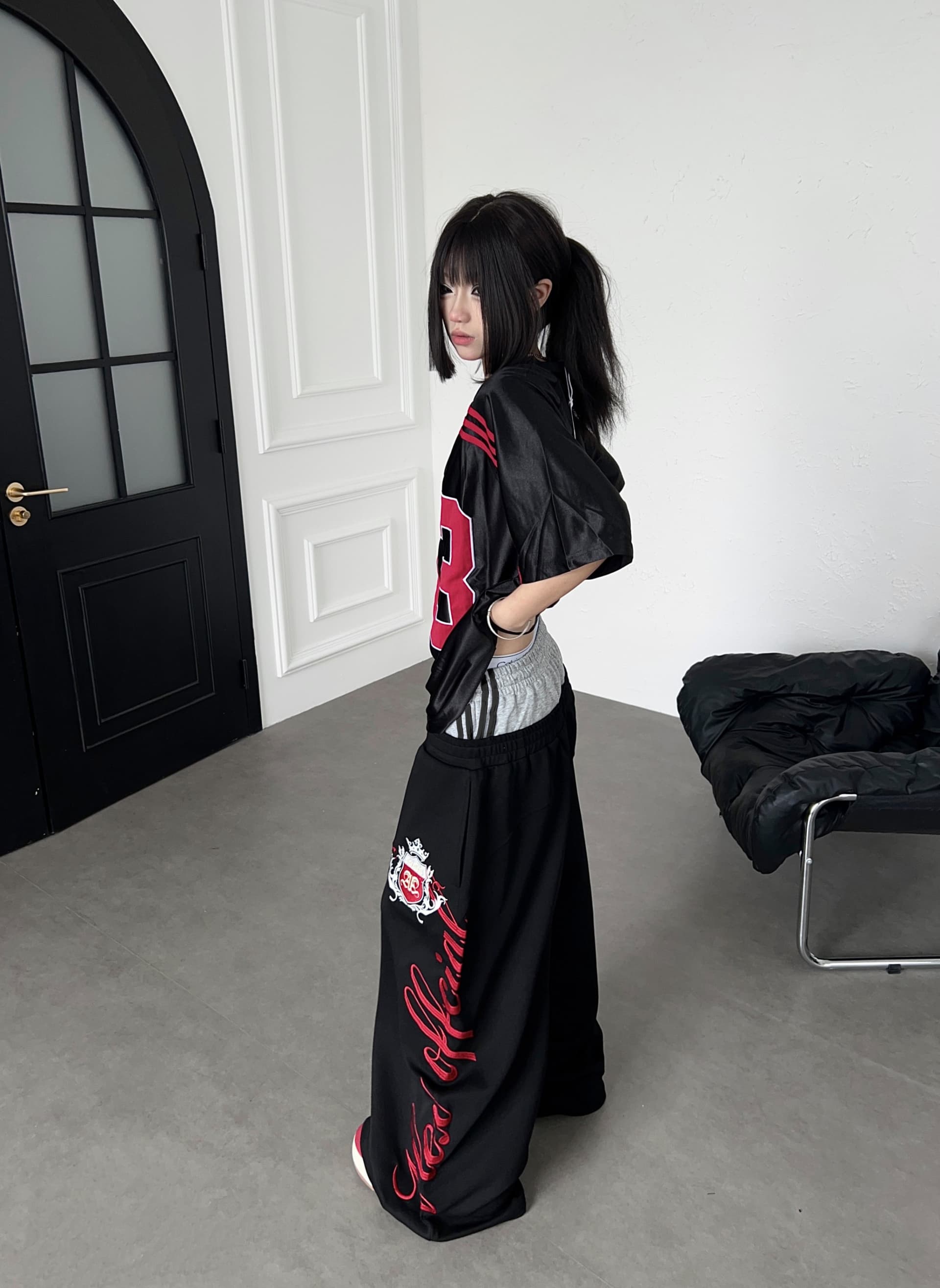 아메리칸 거리 배색 더블 머리 허리 자수 휘장 웨이 바지 루즈핏 넓은 다리 캐주얼 긴 바지 상세 이미지 24