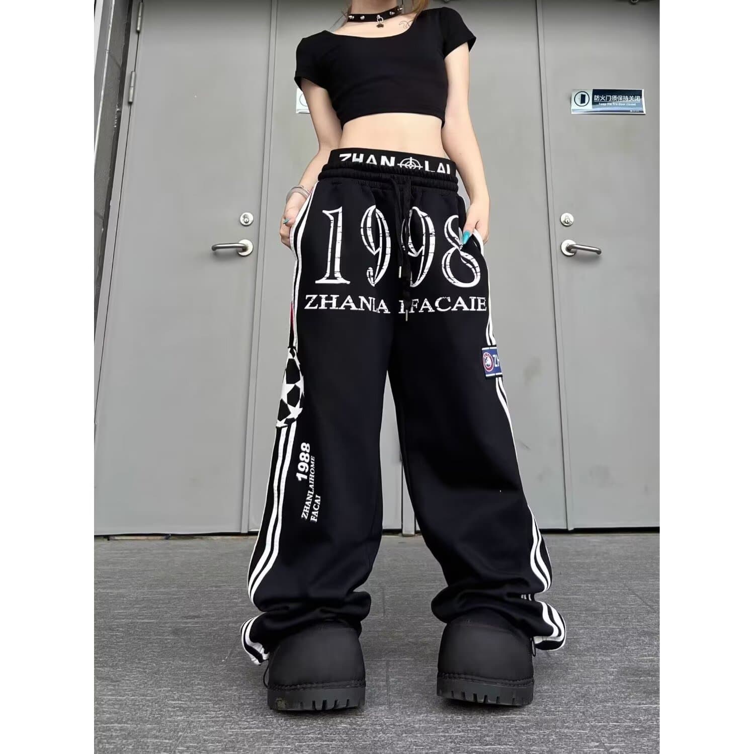 매운맛 ~까지 열사병 아메리칸 레트로 스트리트 댄스 운동 바람 스트라이프 더블 허리 머리 와이드 레그 팬츠 루즈핏 캐주얼 바닥 청소 긴 바지 트렌디 상세 이미지 7