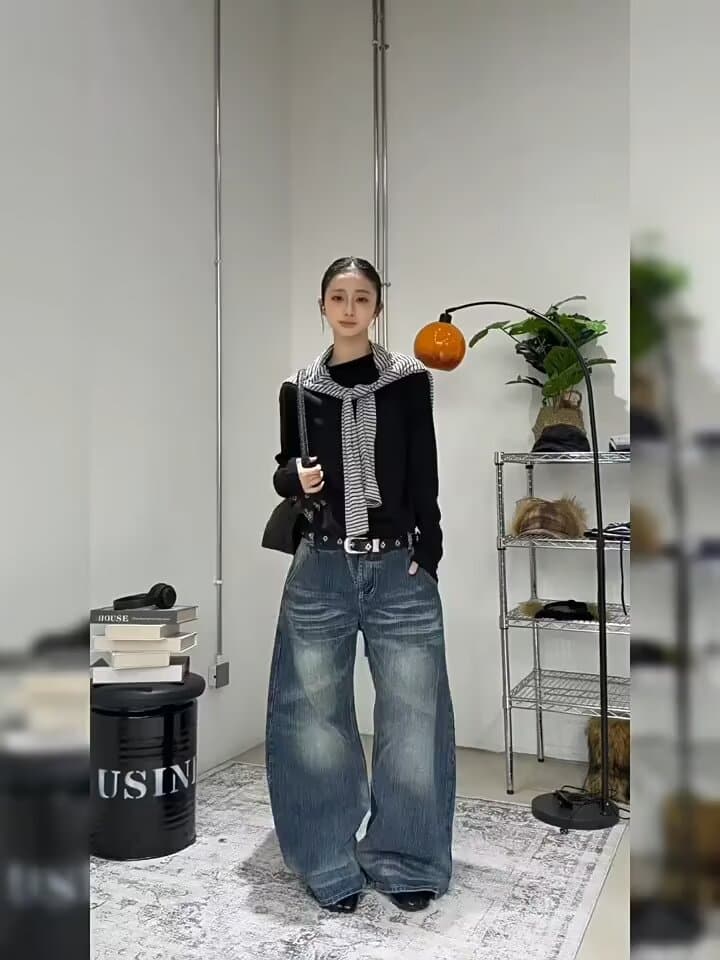 레트로 블루 회색 고급 스트레이트 청바지 여성 봄 새로운 루즈핏 슬림해 보이는 디스플레이 높음 다용도 캐주얼 와이드 레그 팬츠 어린이 상세 이미지 2