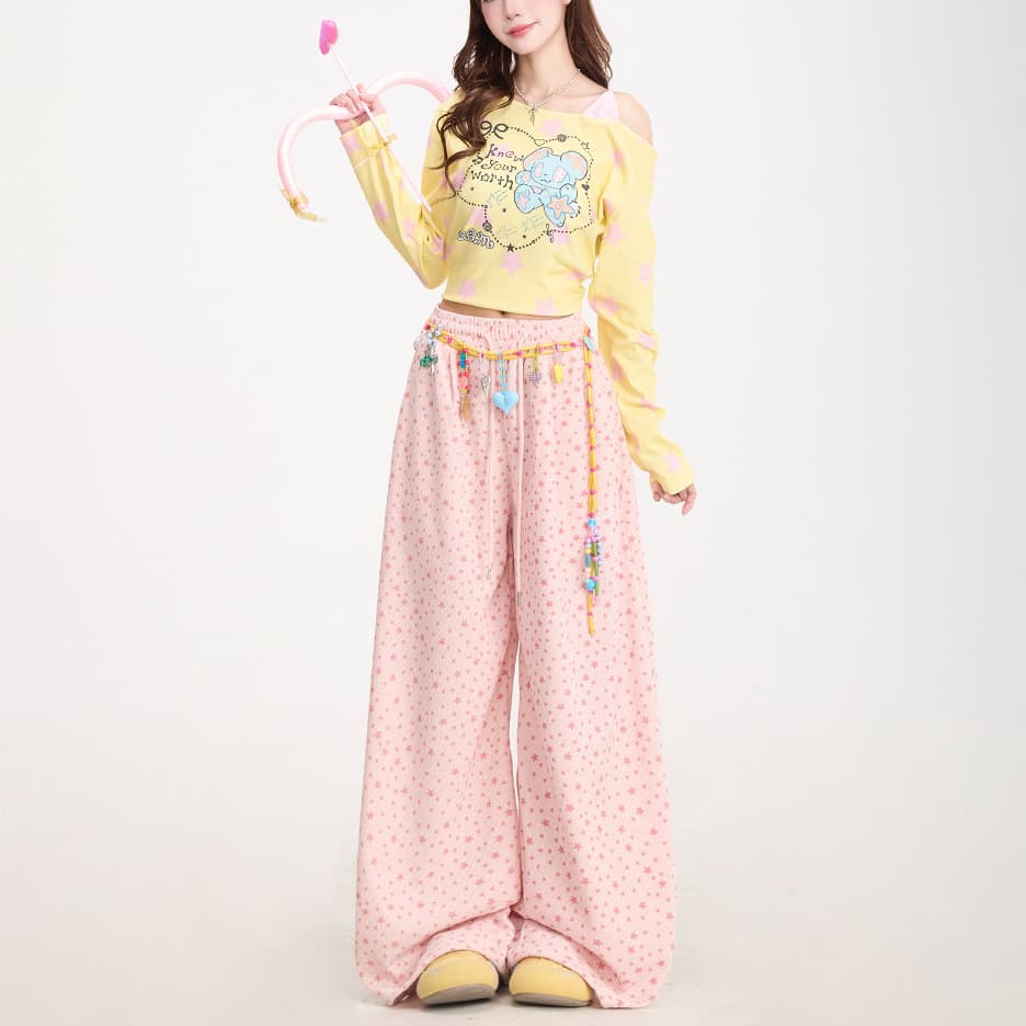 아메리칸 별 전체 인쇄 도트 무늬 와이드 레깅스 바지 루즈핏 슬림해 보이는 다용도 느긋한 느슨함 센스 춤추기 모통이 칼 캐주얼 바지 이미지 3