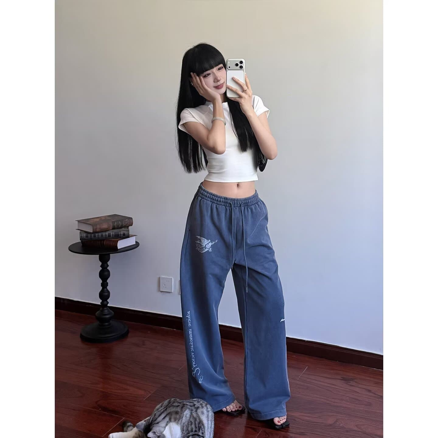 아메리칸 레트로 알파벳 프린트 기타 주머니 워크웨어 팬츠 남녀 vibe 높음 거리 캐주얼 루즈핏 커플 스트레이트 팬츠 트렌디 이미지 3