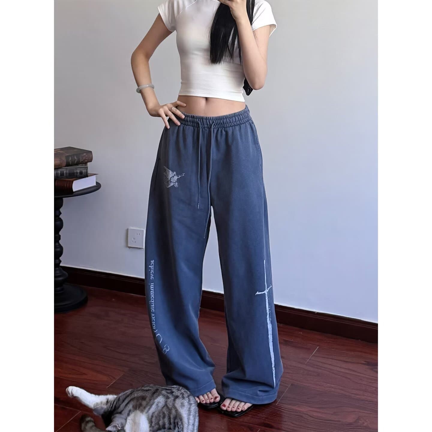 아메리칸 레트로 알파벳 프린트 기타 주머니 워크웨어 팬츠 남녀 vibe 높음 거리 캐주얼 루즈핏 커플 스트레이트 팬츠 트렌디 이미지 4