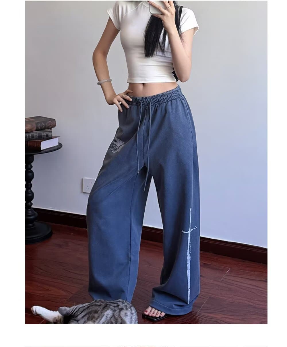 아메리칸 레트로 알파벳 프린트 기타 주머니 워크웨어 팬츠 남녀 vibe 높음 거리 캐주얼 루즈핏 커플 스트레이트 팬츠 트렌디 상세 이미지 4