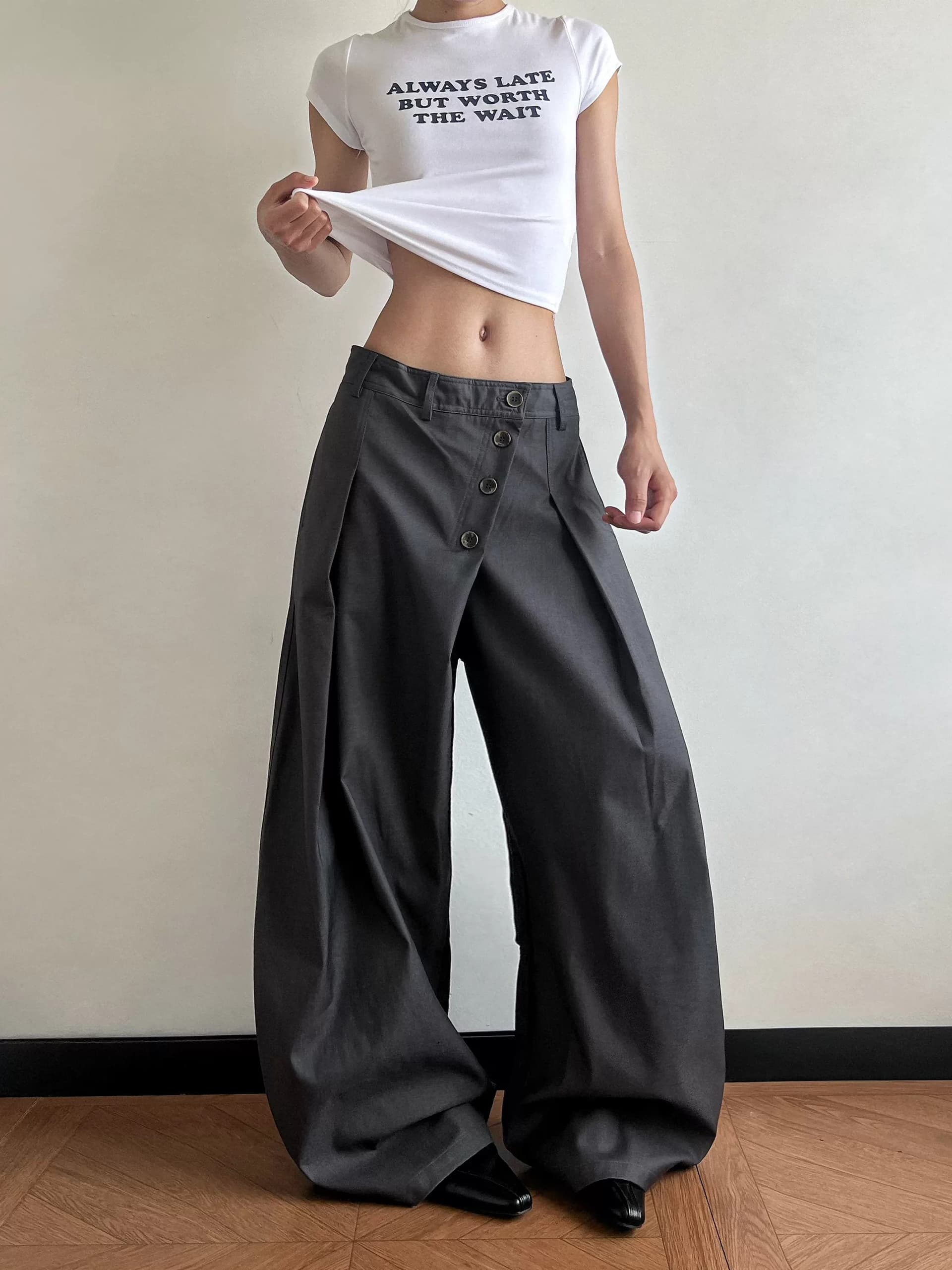 조수 브랜드 아메리칸 높음 거리 디자인 센스 단추 모통이 칼 슬랙스 남녀 오래된 돈 바람 해체 넓은 다리 바닥 청소 캐주얼 긴 바지 이미지 2