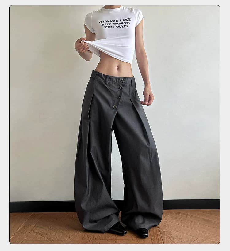 조수 브랜드 아메리칸 높음 거리 디자인 센스 단추 모통이 칼 슬랙스 남녀 오래된 돈 바람 해체 넓은 다리 바닥 청소 캐주얼 긴 바지 상세 이미지 5