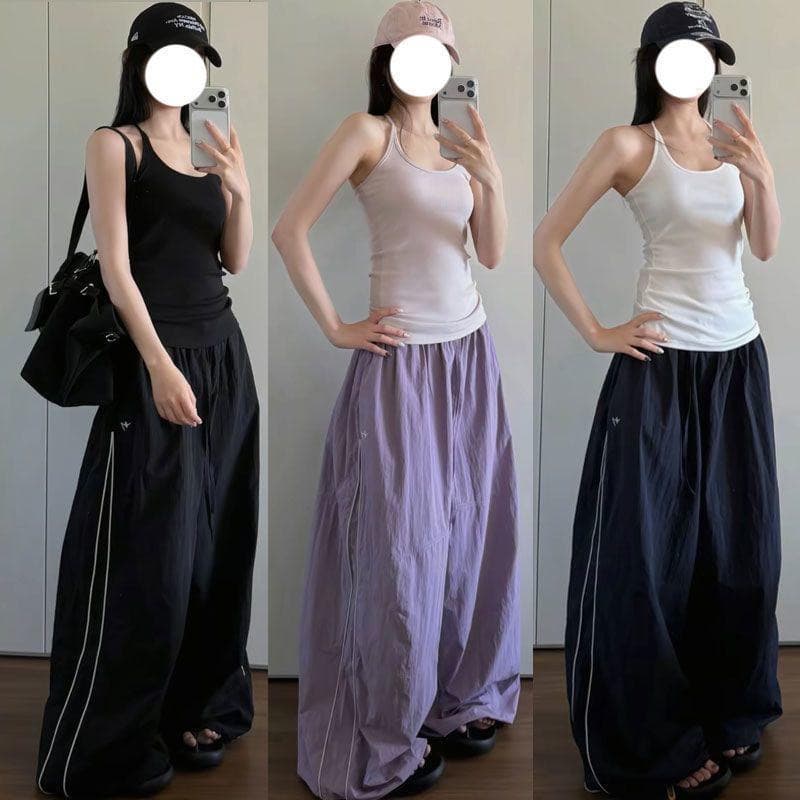 얇고 가벼운 속도 건조한 ins 여름 레트로 아메리칸 느긋한 바 기사 패치워크 향기로운 芋 보라색 넓은 루즈핏 캐주얼 바지 선적