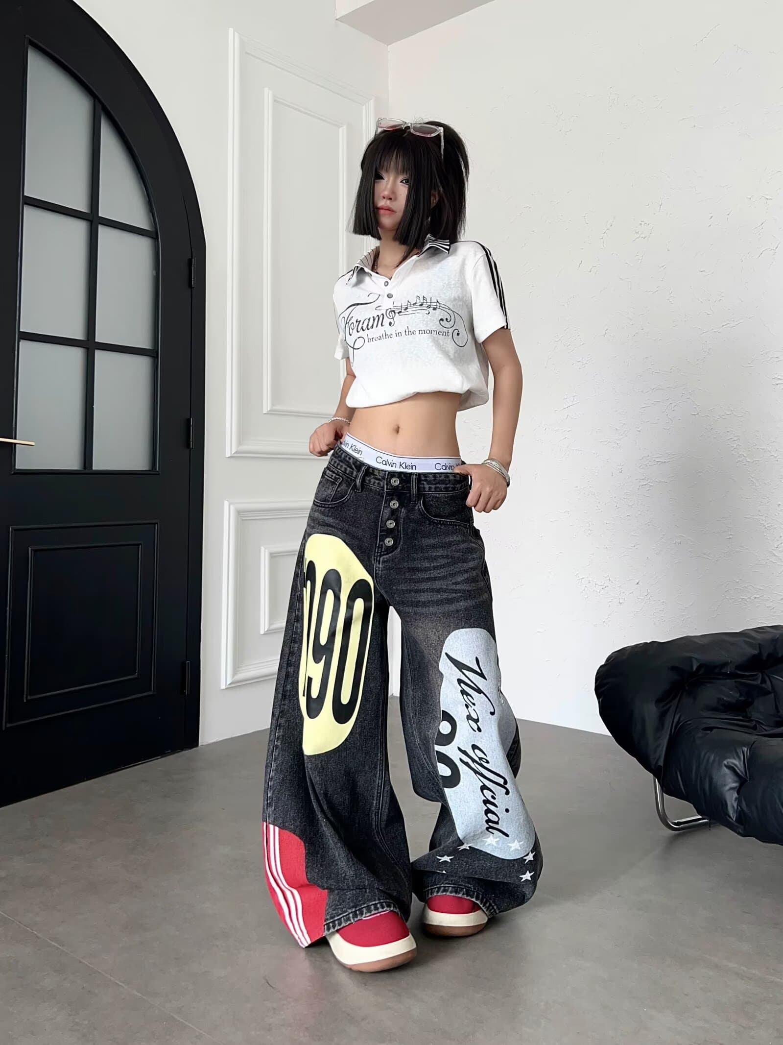 아메리칸 낙서 트렌드 수채화 넓은 다리 청바지 거리 바람 재미있는 스트레이트 루즈핏 개성 이미지 3