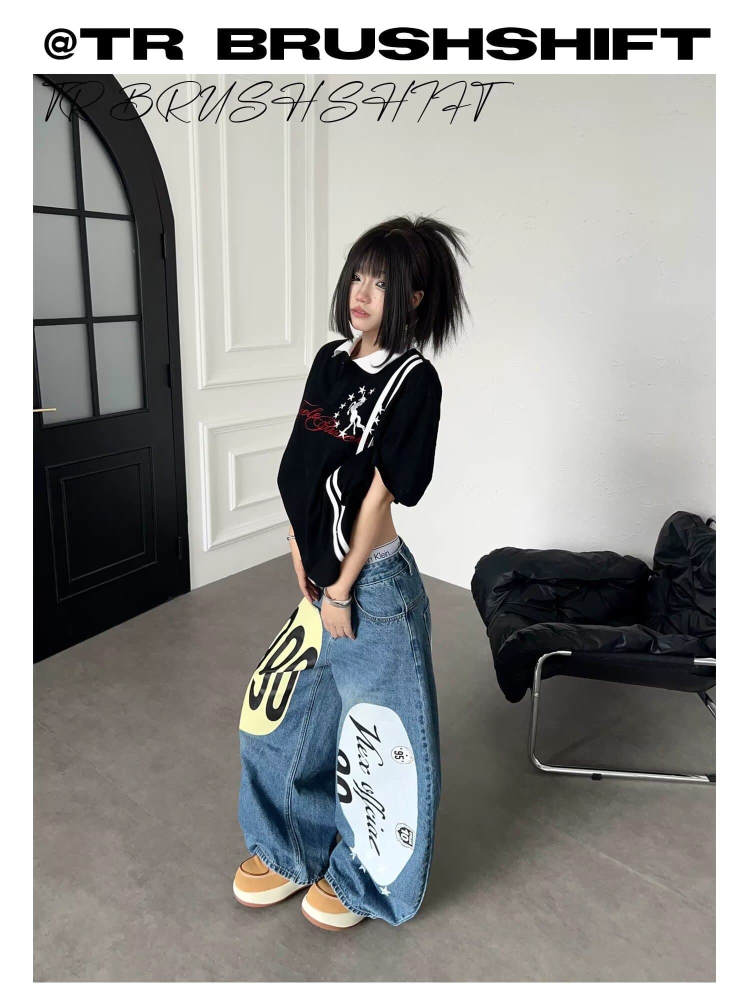 아메리칸 낙서 트렌드 수채화 넓은 다리 청바지 거리 바람 재미있는 스트레이트 루즈핏 개성 상세 이미지 1
