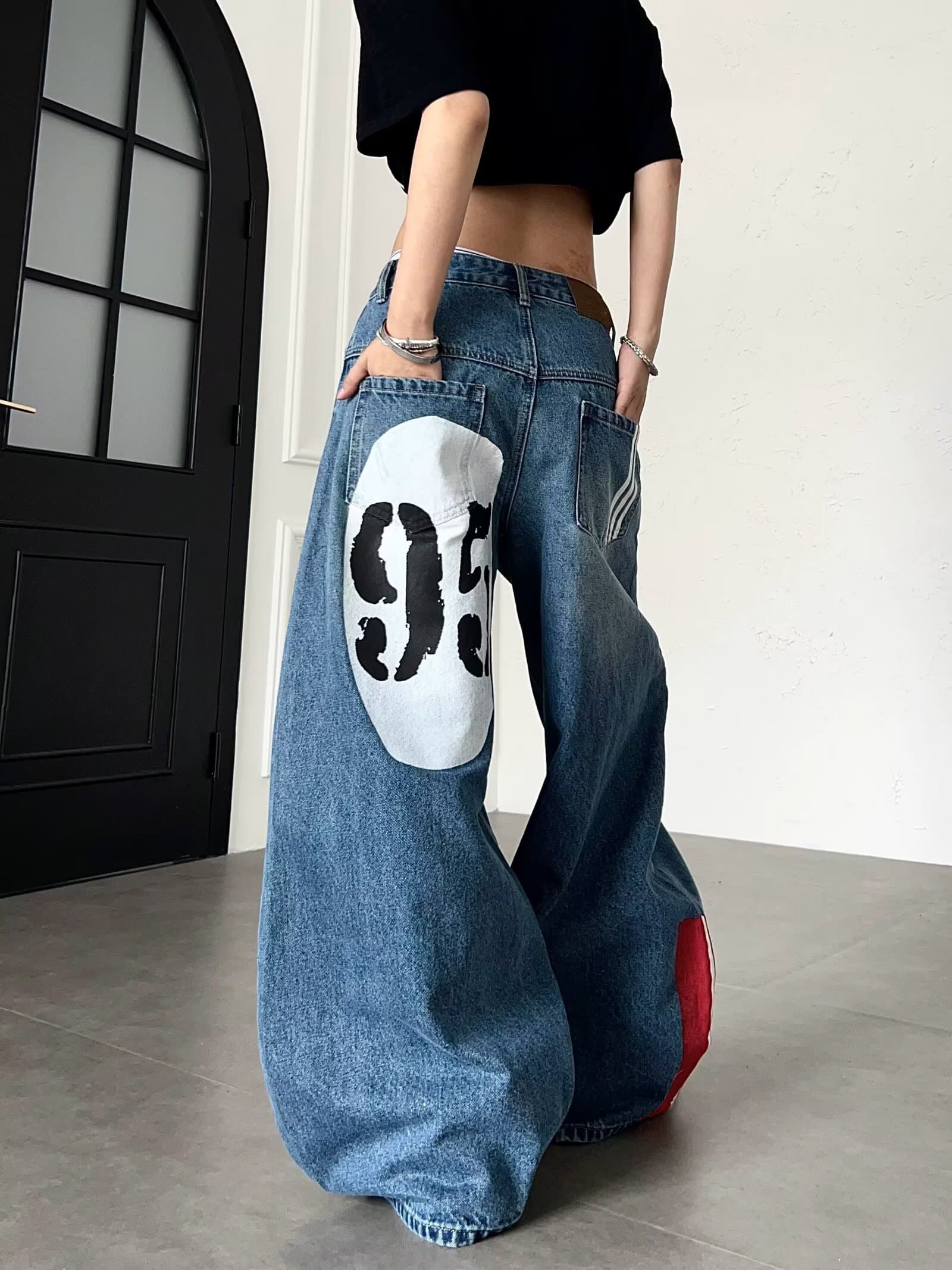 아메리칸 낙서 트렌드 수채화 넓은 다리 청바지 거리 바람 재미있는 스트레이트 루즈핏 개성 상세 이미지 4