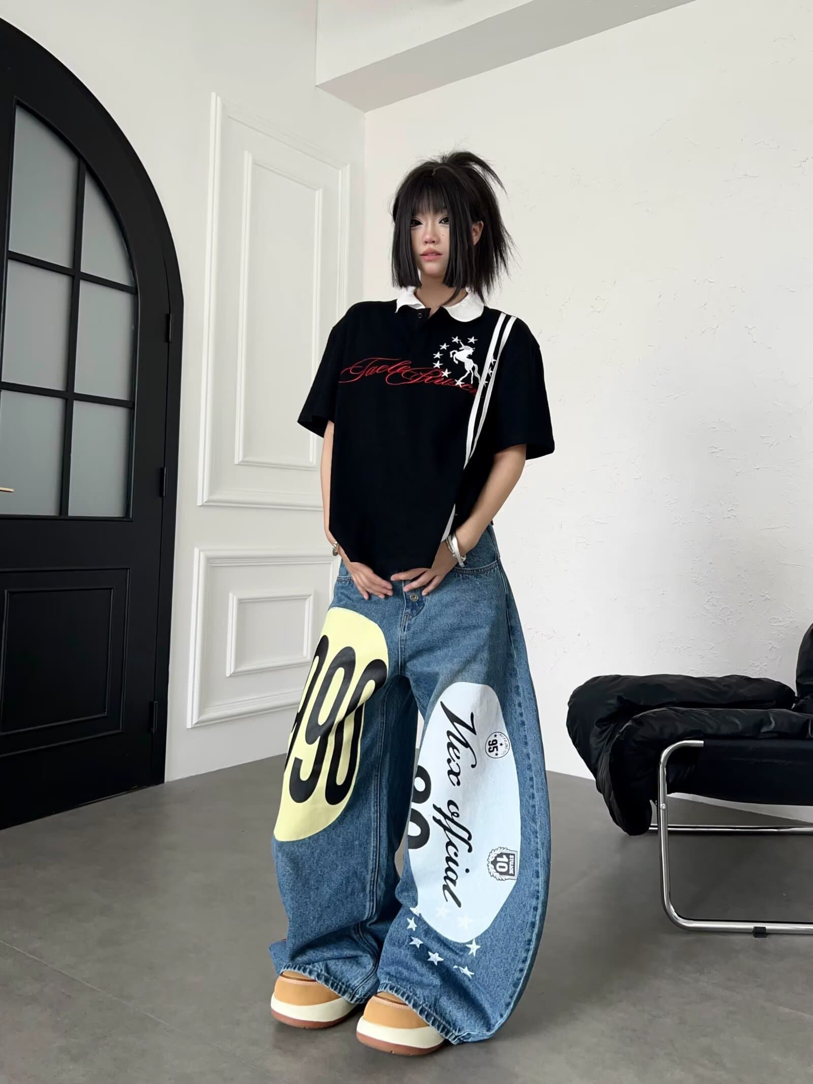 아메리칸 낙서 트렌드 수채화 넓은 다리 청바지 거리 바람 재미있는 스트레이트 루즈핏 개성 상세 이미지 13