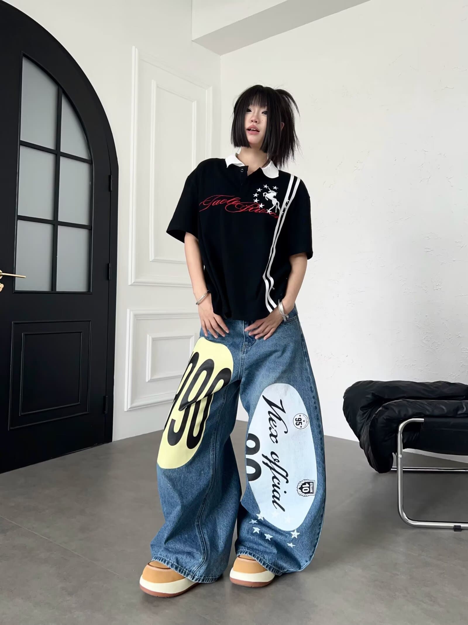 아메리칸 낙서 트렌드 수채화 넓은 다리 청바지 거리 바람 재미있는 스트레이트 루즈핏 개성 상세 이미지 14