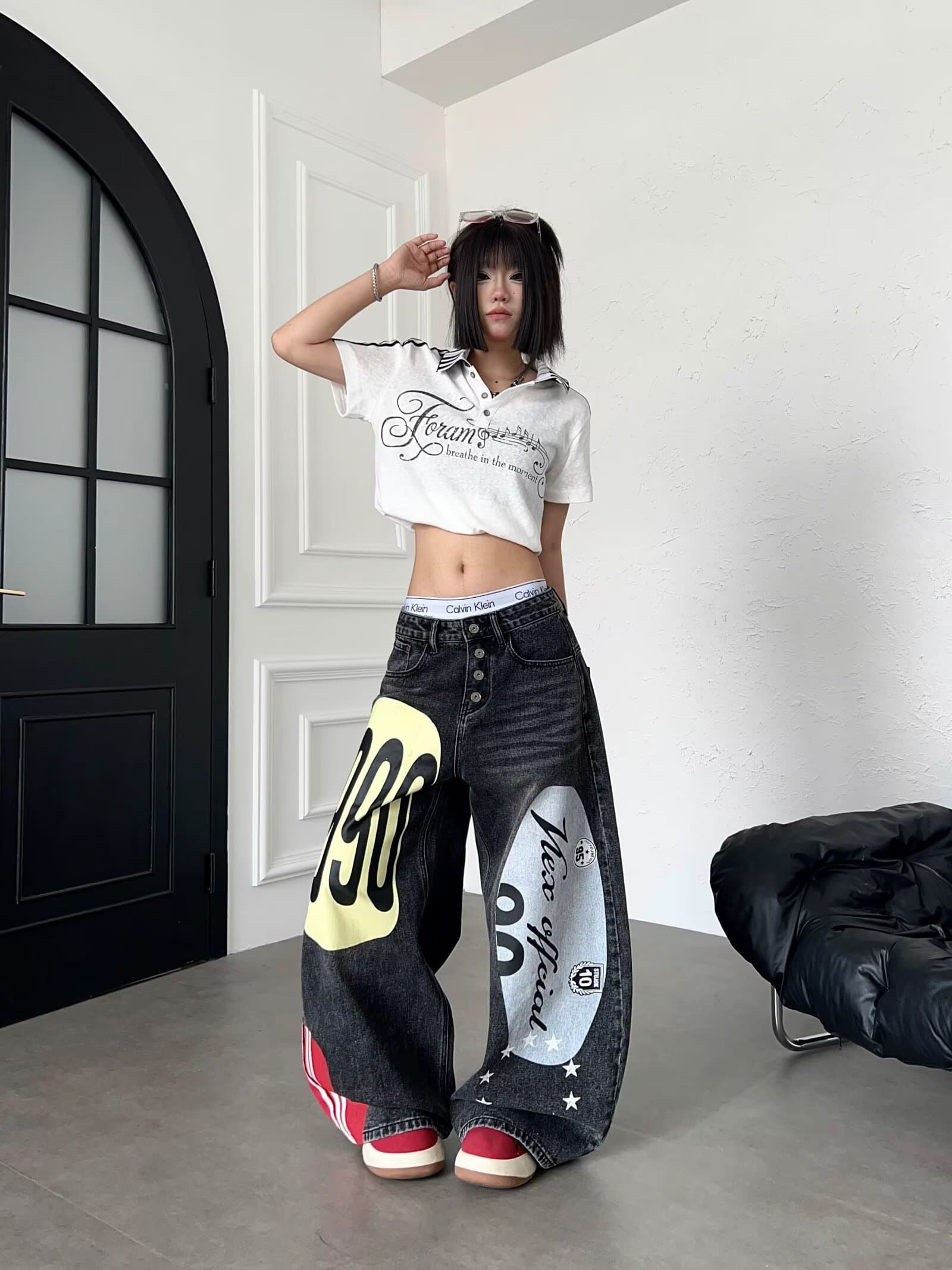 아메리칸 낙서 트렌드 수채화 넓은 다리 청바지 거리 바람 재미있는 스트레이트 루즈핏 개성 상세 이미지 19
