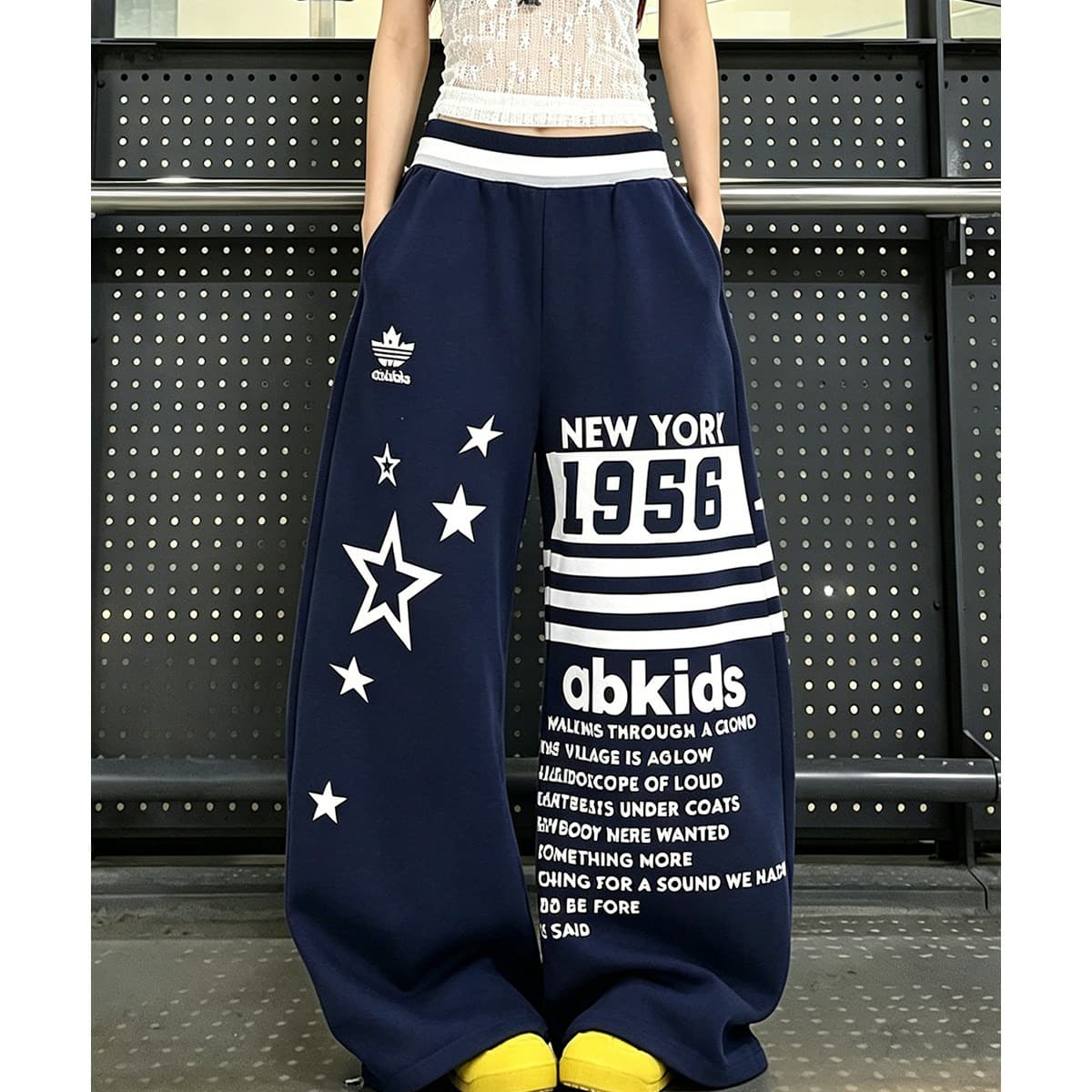 아메리칸 회색 운동 바지 캐주얼 두꺼움 면 바지 여성 여름 루즈핏 와이드 레그 팬츠 디자인 센스 프린트 jazz 재즈 댄스 이미지 5