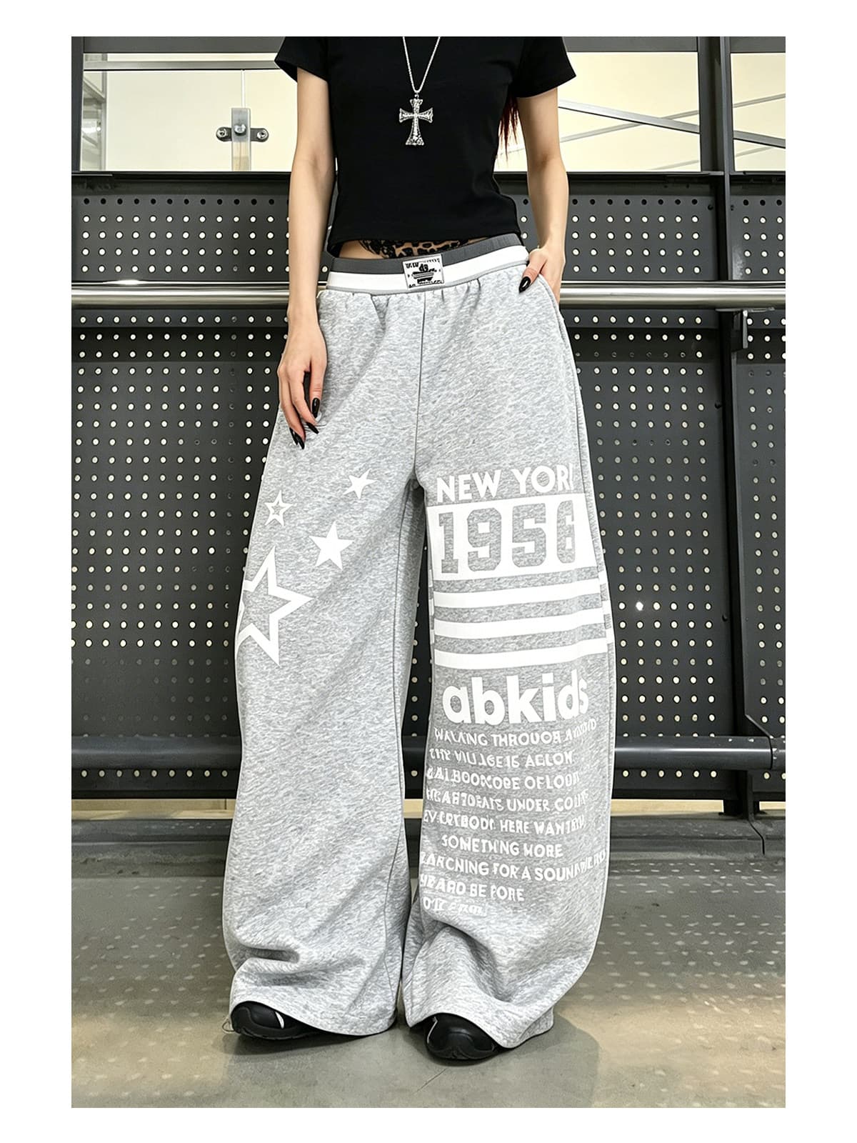 아메리칸 회색 운동 바지 캐주얼 두꺼움 면 바지 여성 여름 루즈핏 와이드 레그 팬츠 디자인 센스 프린트 jazz 재즈 댄스 상세 이미지 3