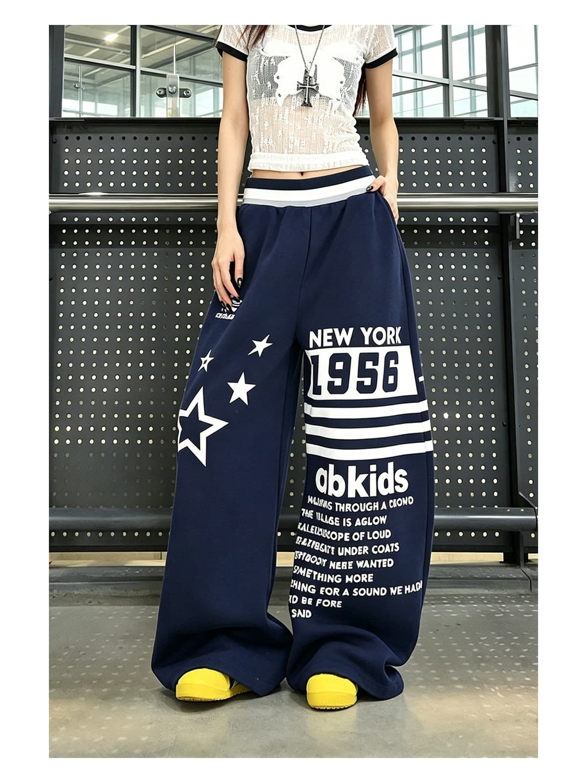 아메리칸 회색 운동 바지 캐주얼 두꺼움 면 바지 여성 여름 루즈핏 와이드 레그 팬츠 디자인 센스 프린트 jazz 재즈 댄스 상세 이미지 10