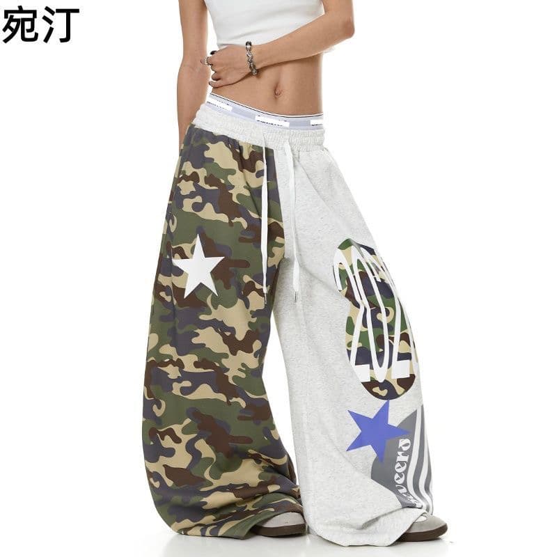 아메리칸 레트로 프린트 카모플라주 와이드 레깅스 바지 거리 핫걸 루즈핏 웃음 하 모통이 칼 바닥 청소 캐주얼 긴 바지 이미지 3