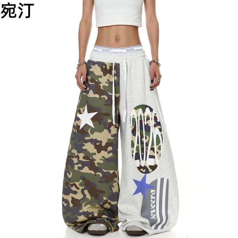 아메리칸 레트로 프린트 카모플라주 와이드 레깅스 바지 거리 핫걸 루즈핏 웃음 하 모통이 칼 바닥 청소 캐주얼 긴 바지 상세 이미지 1