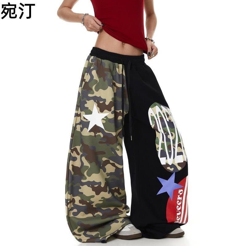 아메리칸 레트로 프린트 카모플라주 와이드 레깅스 바지 거리 핫걸 루즈핏 웃음 하 모통이 칼 바닥 청소 캐주얼 긴 바지 상세 이미지 4