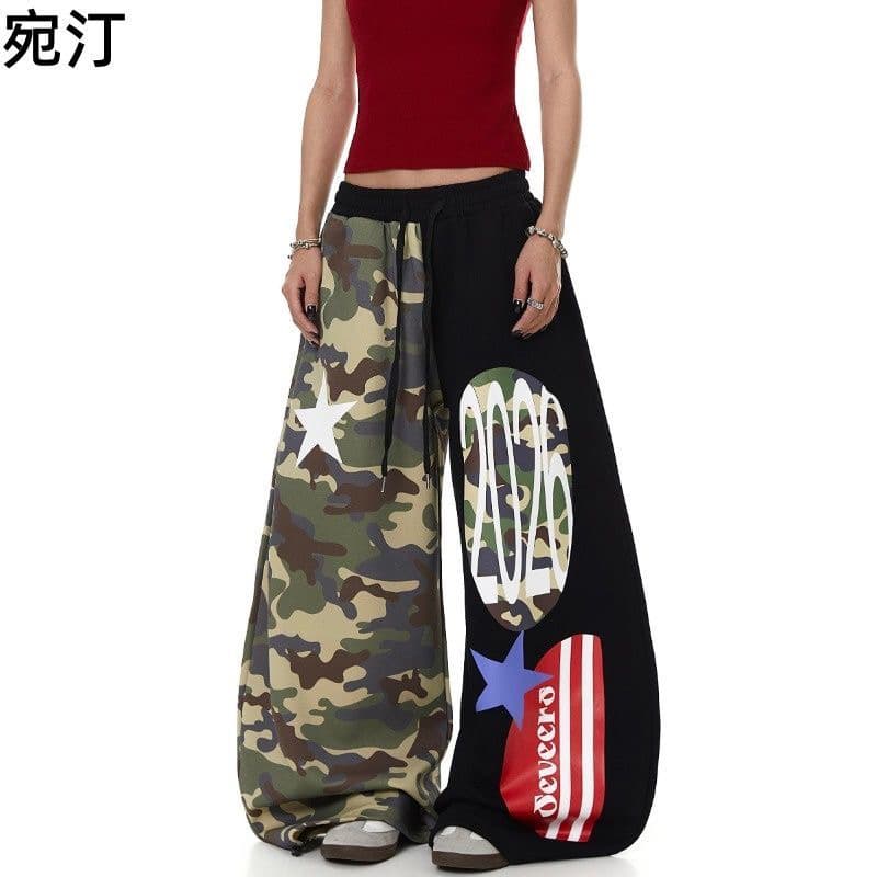 아메리칸 레트로 프린트 카모플라주 와이드 레깅스 바지 거리 핫걸 루즈핏 웃음 하 모통이 칼 바닥 청소 캐주얼 긴 바지 상세 이미지 5