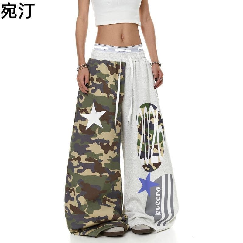 아메리칸 레트로 프린트 카모플라주 와이드 레깅스 바지 거리 핫걸 루즈핏 웃음 하 모통이 칼 바닥 청소 캐주얼 긴 바지 상세 이미지 7
