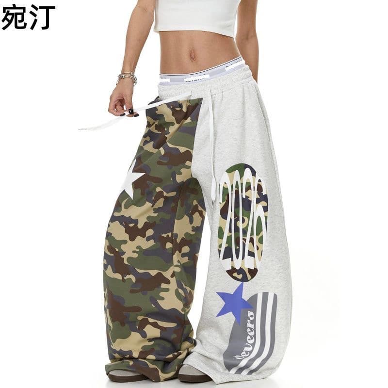 아메리칸 레트로 프린트 카모플라주 와이드 레깅스 바지 거리 핫걸 루즈핏 웃음 하 모통이 칼 바닥 청소 캐주얼 긴 바지 상세 이미지 8