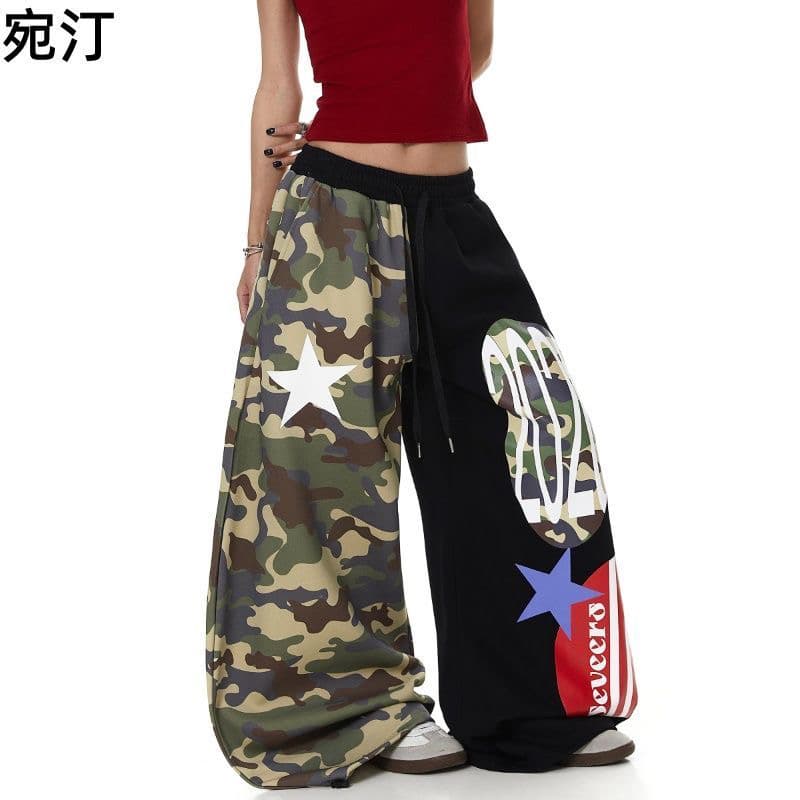 아메리칸 레트로 프린트 카모플라주 와이드 레깅스 바지 거리 핫걸 루즈핏 웃음 하 모통이 칼 바닥 청소 캐주얼 긴 바지 상세 이미지 10